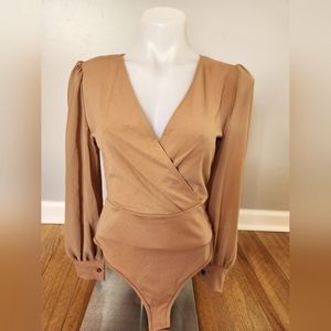 SheIn camel sheer sleeve bodysuit size S